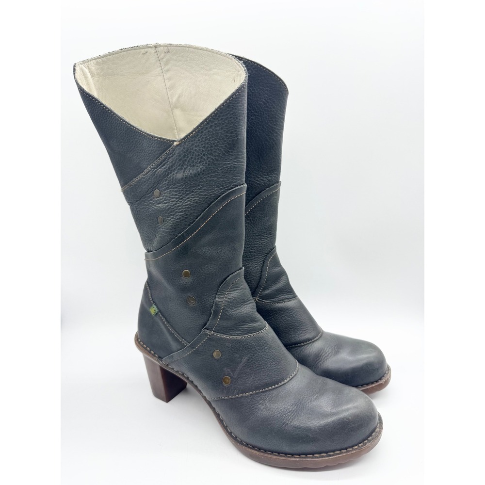 El Naturalista Artsy Dip Side Mid-Calf Heeled Leather Boots Blue Lagenlook Boho